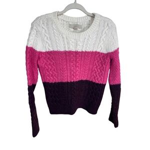 Loft Medium Colorblock Cable Knit Sweater Women's White Pink Purple Wool Blend